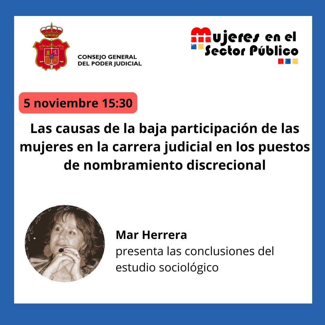📅 Hoy a las 15:30, la Comisión de Igualdad del <a href="/PoderJudicialEs/">Poder Judicial</a>  organiza un taller-debate sobre la baja participación de mujeres en cargos discrecionales de la carrera judicial.
👩‍⚖️  <a href="/mherrera1961/">Mar Herrera</a>  directora técnica del estudio presenta sus principales conclusiones.