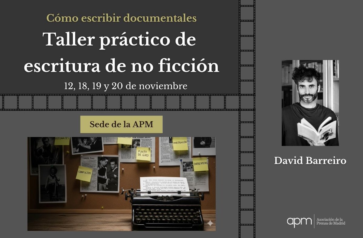 📢 ¡Todavía estas a tiempo de inscribirte a 'Cómo escribir documentales. Taller práctico de escritura de no ficción'! cutt.ly/Ur94Whzi

👉 A través de cuatro sesiones, en las que podrás trabajar en tu propio proyecto, aprenderás a realizar guiones para periodistas y