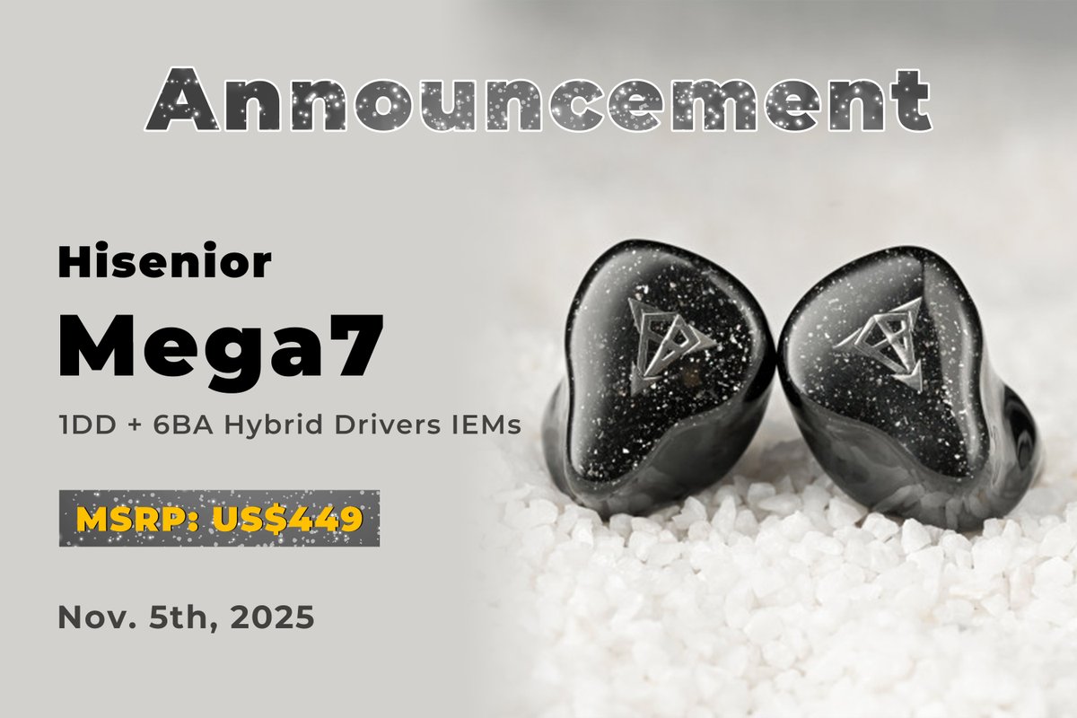 HiFiGoAudio's tweet photo. 🔥Meet @HiseniorAudio Mega7, the new hybrid beast!🎧
🎵1DD + 6BA drivers deliver deep bass and crystal highs.✨
👀Turn up the volume and enjoy every detail. 😆
🛒https://t.co/AUe09Oserb
#hisenior #febos #mega7 #upcoming #IEM #HiFiGo #Audio #Music https://t.co/ZcI37rxfh6
