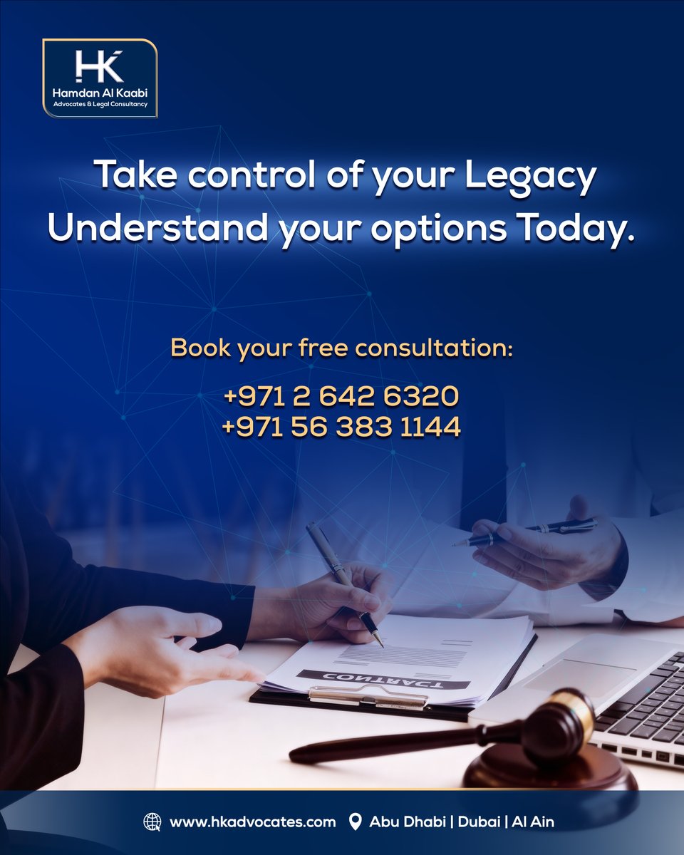 Will isn’t just paperwork — it’s protection for your assets A and your wishes.

Know your options under UAE law and stay informed.

Follow us for more legal insights.
02 642 6320 | +971 56 383 1144 hkadvocates.com
#WillsUAE #UAEInheritanceLaw #HKAdvocates