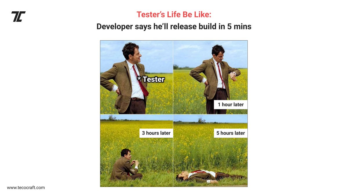 Tecocraft's tweet image. When 5 minutes magically turn into 5 hours…
and the tester enters inner peace mode

#relatable #QA #codinghumor #TechHumor #developer @Tecocraft