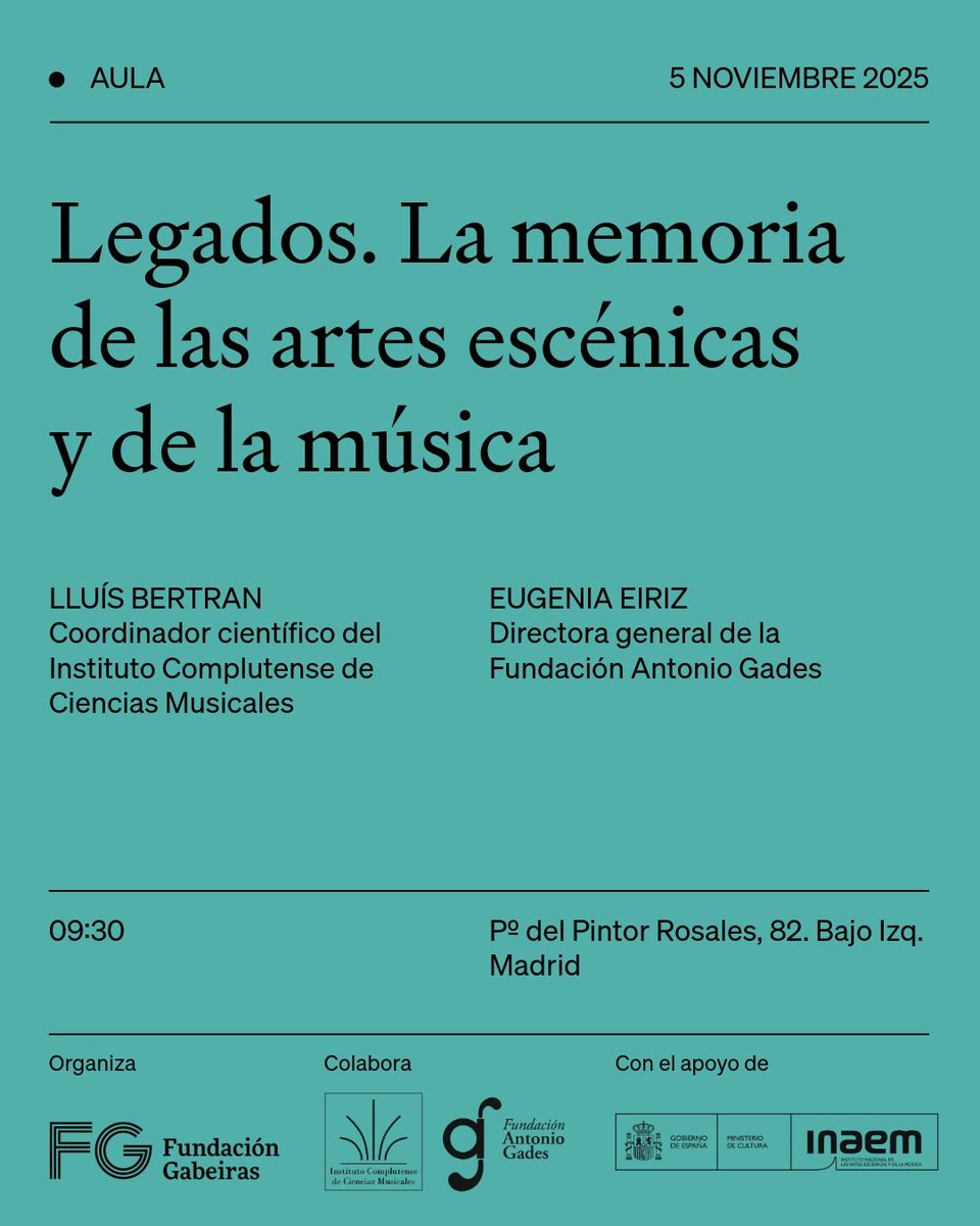 ICCMU's tweet photo. La @FundGabeiras organiza, en colaboración con la Fundación Gades e #ICCMU, una jornada para abordar desde el marco legislativo la gestión de los #legados de las artes escénicas y musicales.
Hoy: 5 de noviembre de 9:30 a 12:00, presencial y online (zoom) https://t.co/YAjVf4398L