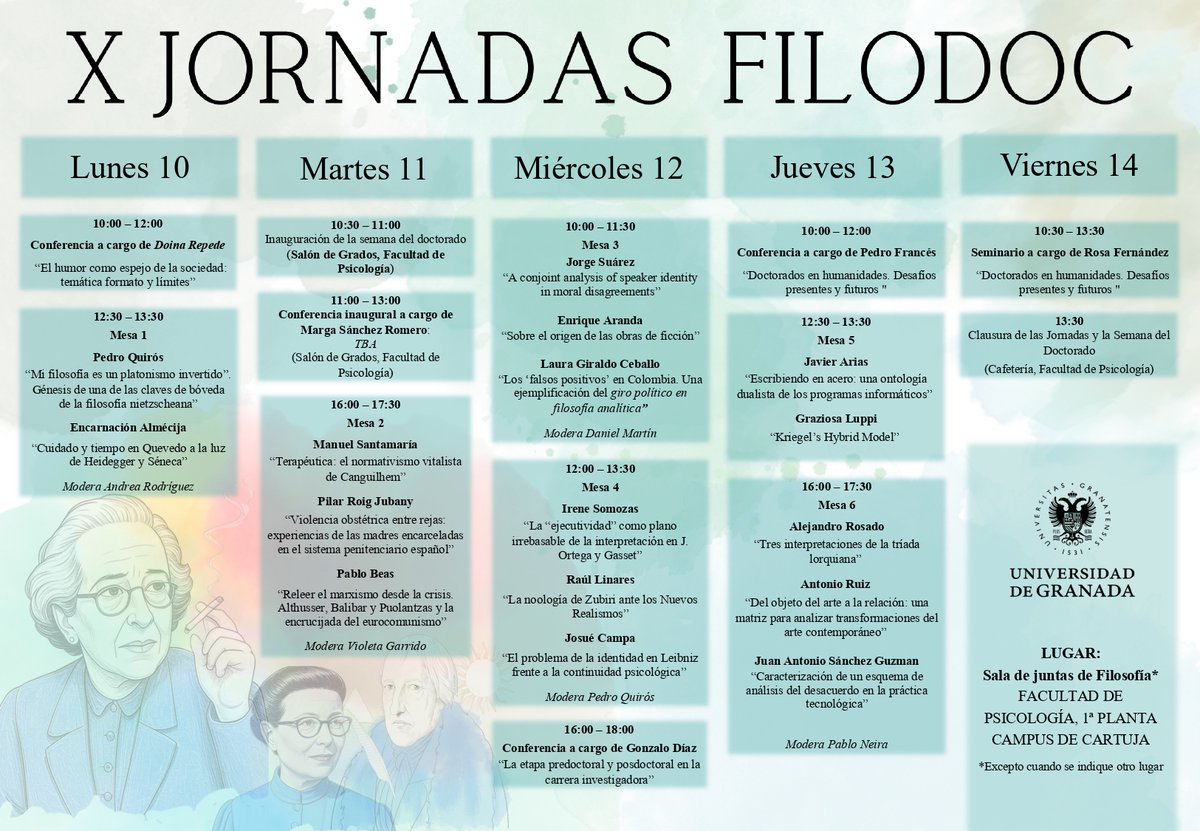 FiloLab_UGR's tweet image. 📚 Ya está listo el programa de las X Jornadas Filo-Doc del Doctorado en Filosofía de la @CanalUGR, del 10 al 14 de noviembre.

🗣️ Un espacio de encuentro, debate y colaboración entre quienes realizan o han completado recientemente su tesis doctoral.

🔗 sl.ugr.es/0ePR