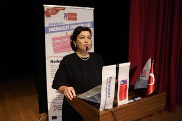 First image displays a banner for Türkiye Ulusal Ajansı at the top with Yıldızlar Ligi Erasmus+ Merkezi Projeler event title, hosted by Muş Alparslan Üniversitesi, showing a group of formally dressed men and women standing together on a stage with a screen and curtains in the background. Second image shows a woman in black clothing speaking at a podium with a microphone and laptop, banners for Erasmus+ Projeler Merkezi behind her, Turkish and EU flags on the table. Third image depicts a man in a dark suit speaking at a podium with microphone and laptop, banners for Erasmus+ Merkezi Proje and related text visible, Turkish and EU flags present.