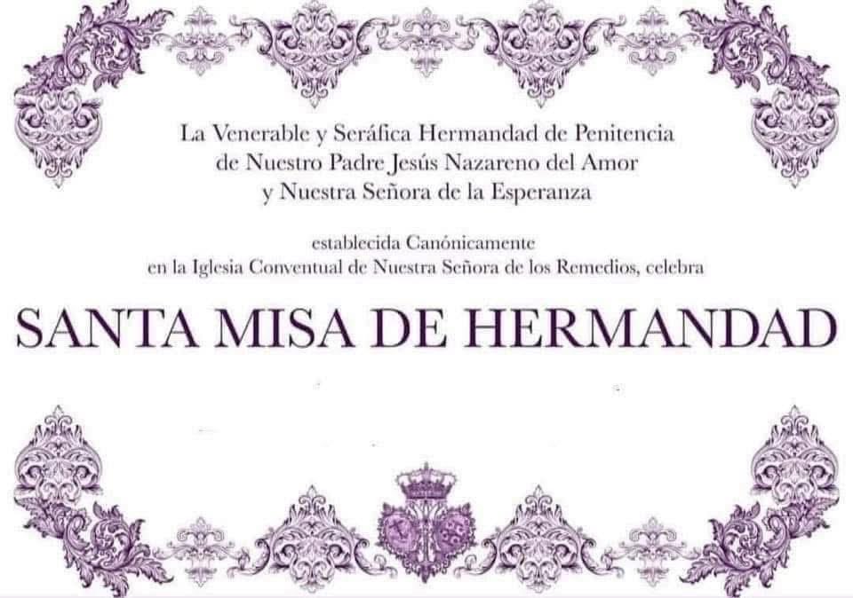 CULTOS MENSUALES | 

El próximo viernes 7 de noviembre a las 20:30 horas se celebrarán los Cultos Mensuales ante nuestros Amantísimos Titulares. 

En esta ocasión se aplicarán por los hermanos difuntos de nuestra Hermandad. 

Paz y Bien.

#AlAmorporlaEsperanza #CultosMensuales
