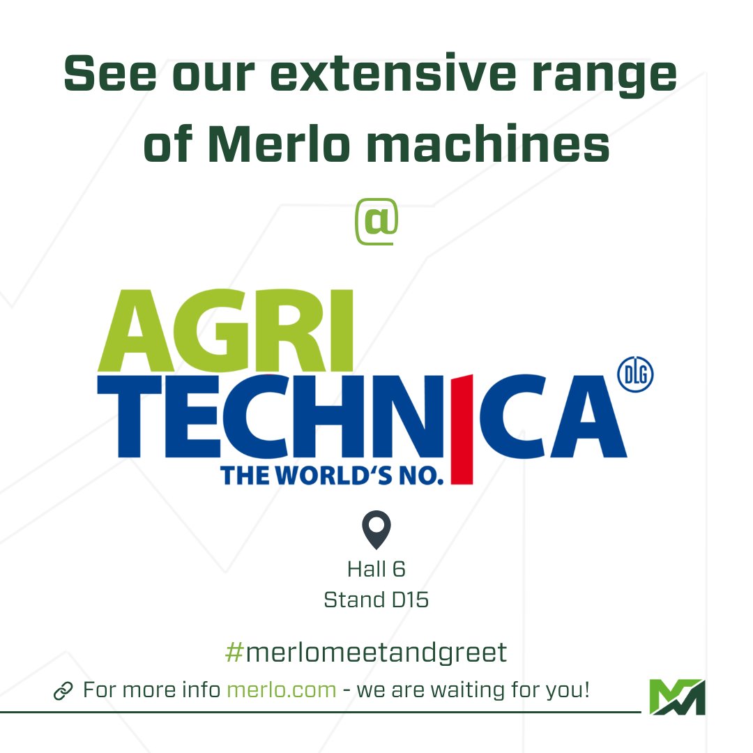 Join Merlo at Agritechnica - Europe’s largest agricultural fair - taking place from November 9 to 15 in Hanover, Germany.

Planning a visit? Look for the green booms in Hall 6, stand D15!

Get your tickets: eu1.hubs.ly/H0pn8sh0

#merlo #begreen #merlomeetandgreet #agriculture