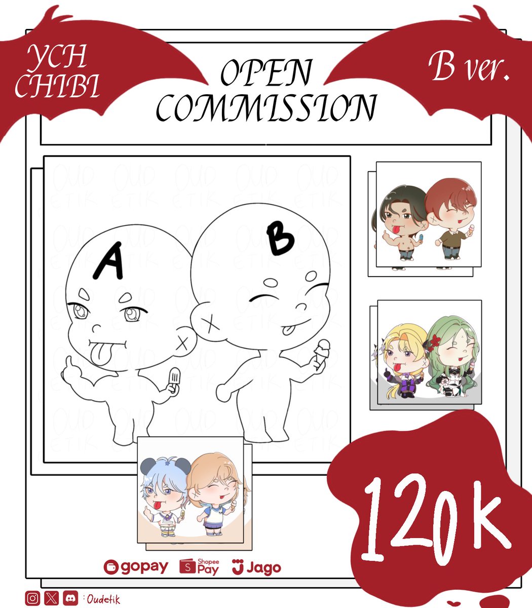 Oudetik's tweet image. [❤️ and 🔁 are appreciate-!!]

🔥 OPEN COMMISSION 🔥

Hai sayang-sayangku~ Api lagi open commission nih buat local only. Jikalau ada yang ingin bertanya atau ingin memesan bisa lewat dm ya cinta~ (⁠ ⁠˘⁠ ⁠³⁠˘⁠)⁠♥🌹❤️
ToS 🔽

Terimakasih, love you 🌹❤️