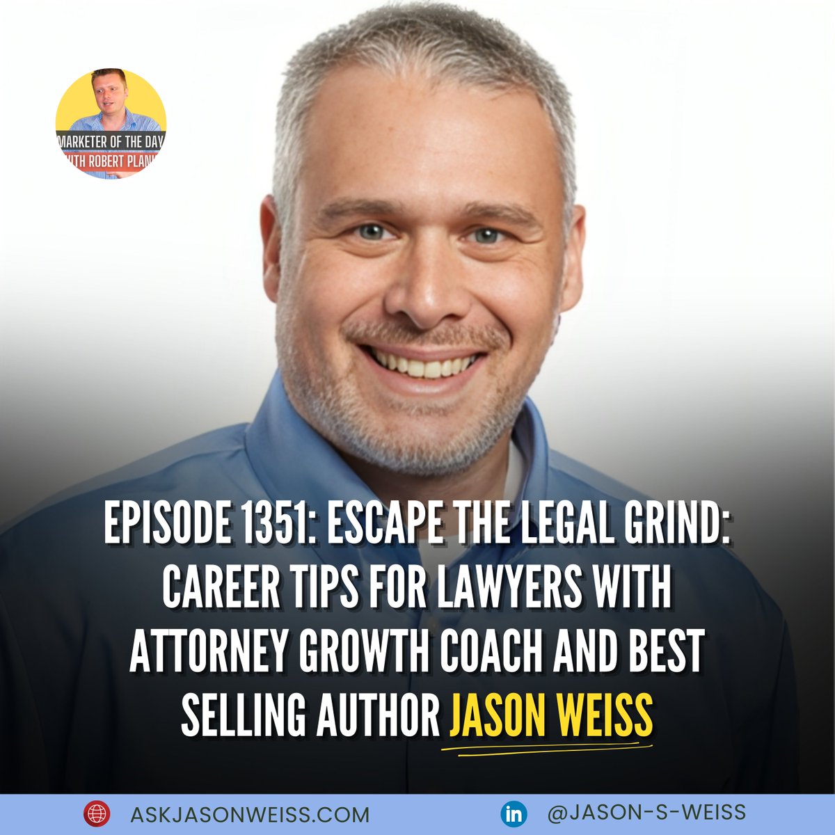 robertplank's tweet image. Why do attorneys struggle to find fulfillment? Jason S. Weiss, author of &quot;SHIT They Never Taught You in Law School,&quot; shares strategies to navigate legal careers, manage clients, and find mentorship. #LawyerSuccess #LegalCareer #ClientExpectations #Mentorship #MarketeroftheDay