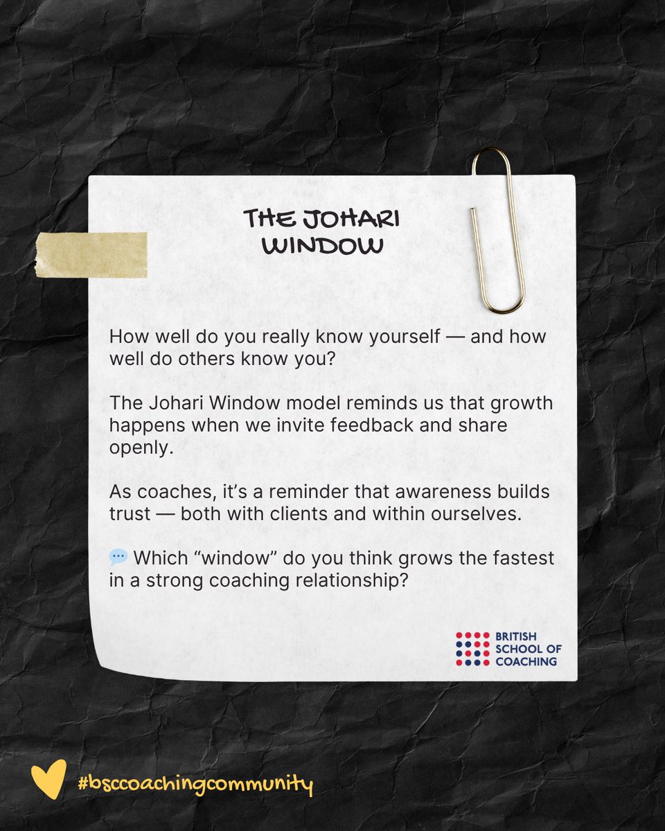 bsc4coaching's tweet image. #ModelinFocus: #JohariWindow helps coaches explore what’s known, hidden, or unknown — within themselves and their clients. 
 #CoachingTools #SelfAwareness #ReflectivePractice #CoachDevelopment #BSCResources