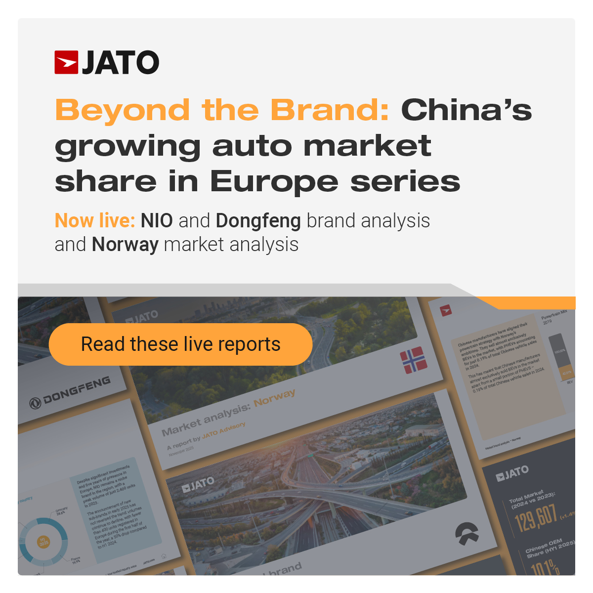 The next three reports in our JATO Advisory series Beyond the Brand: China's growing auto market share in Europe are now available. This week we cover NIO, Dongfeng, and the Norwegian market.

Subscribe to receive each report as we publish.hubs.li/Q03RLQpB0