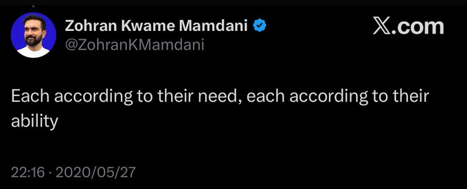 Screenshot of a Twitter (X) post showing Zohran Mamdani's profile picture (a man with a beard against a blue background), the tweet text quoting a Marxist slogan, username @ZohranKMamdani, and timestamp from May 27, 2020, on a dark-themed interface.