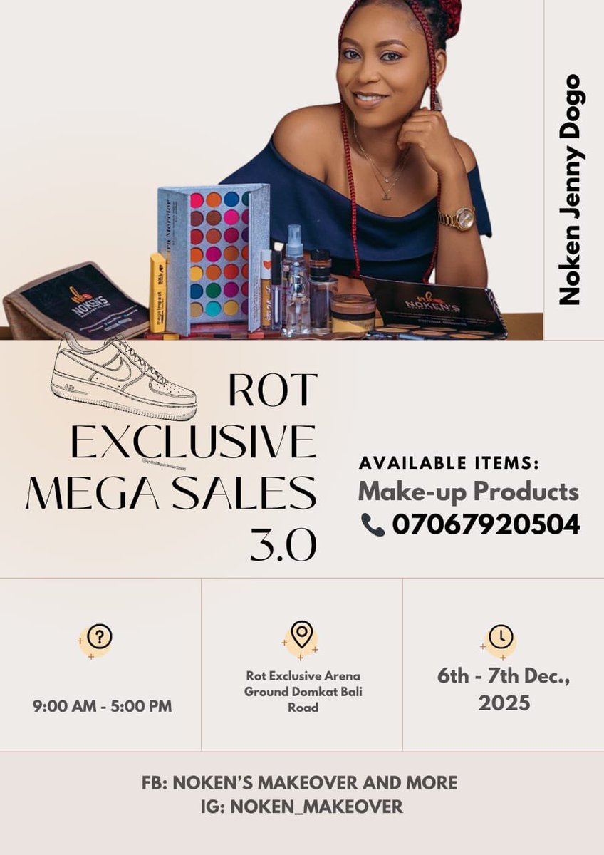 I’M A VENDOR AT THE ROT EXCLUSIVE MEGA SALES HAPPENING ON THE 6th &amp; 7th DECEMBER 2025.

Keep your monies ready, grab your man’s ATM card, come shop amazing makeup products from us at mouth watering prices 🫶🏿🤲🏾💃🏾

Makeup kit originally 50k❌ 
sales price 47500✅