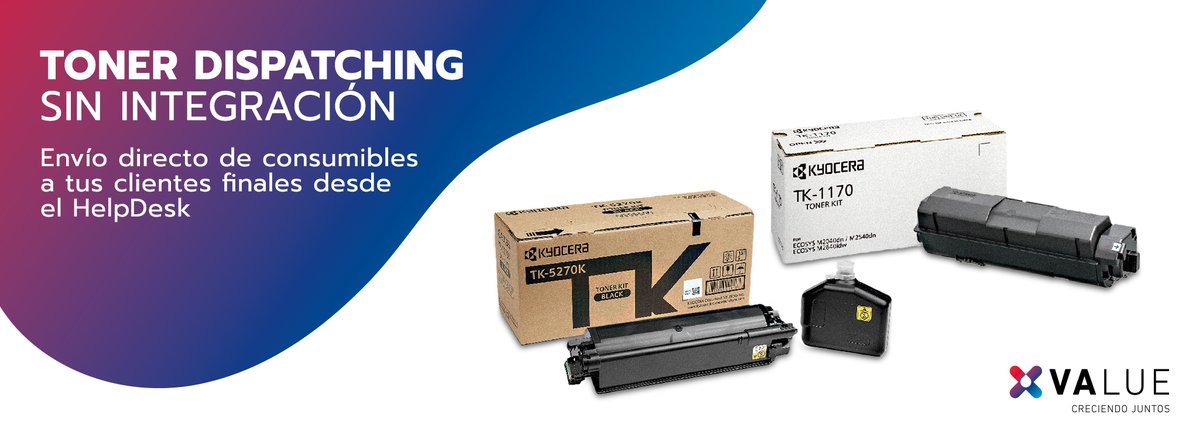 En VALUE seguimos innovando para facilitar tu trabajo.

Lanzamos Toner Dispatching sin integración, una nueva funcionalidad disponible desde nuestro HelpDesk, que permite realizar envíos automáticos de consumibles a tus clientes finales, sin necesidad de stock ni manipulación.