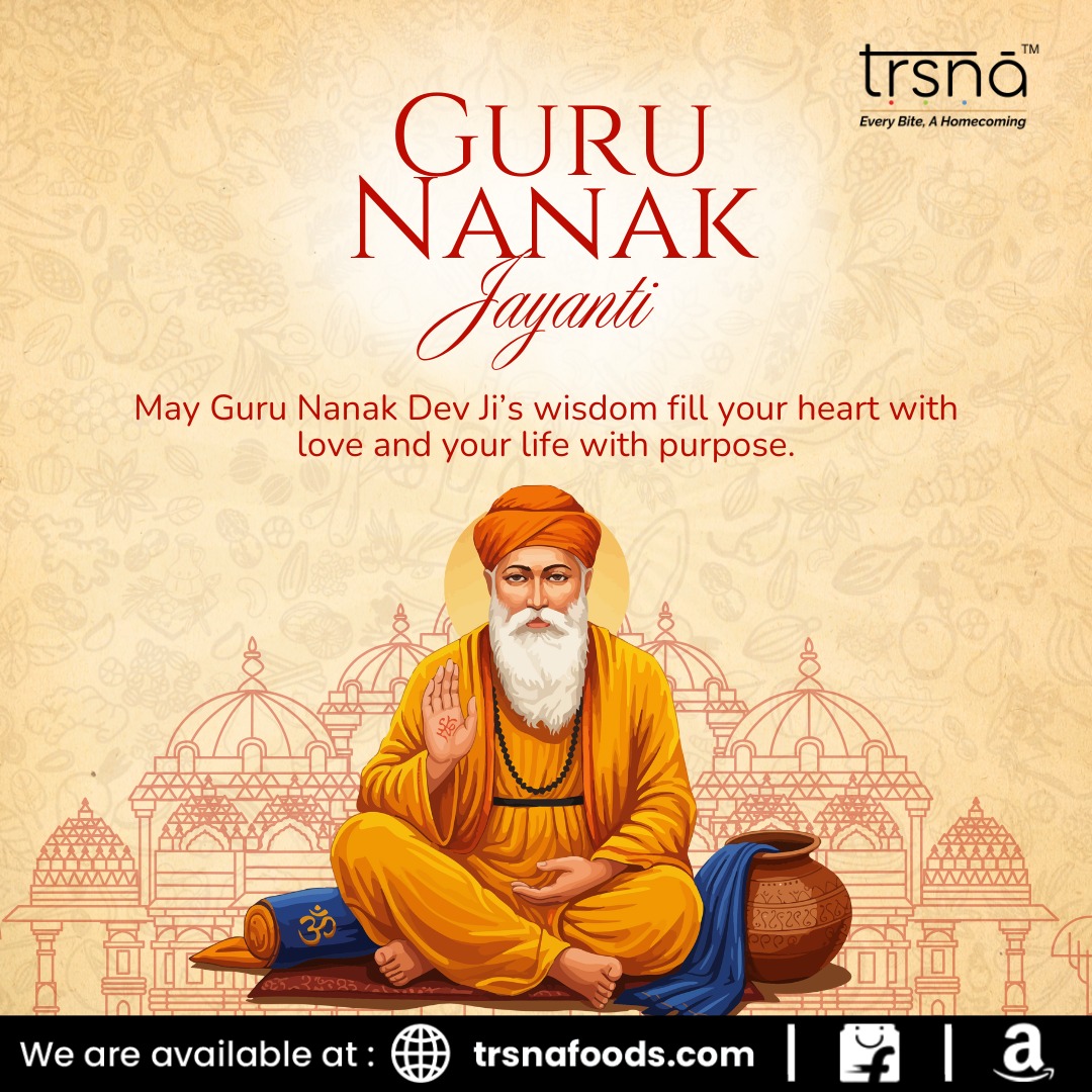 TrsnaF's tweet photo. Wishing you a blessed Guru Nanak Jayanti 🌼
May your day be filled with compassion, truth &amp; flavours of home 💛
#GuruNanakJayanti #TrsnaFoods #EveryBiteAHomecoming https://t.co/xveLl0m1oK