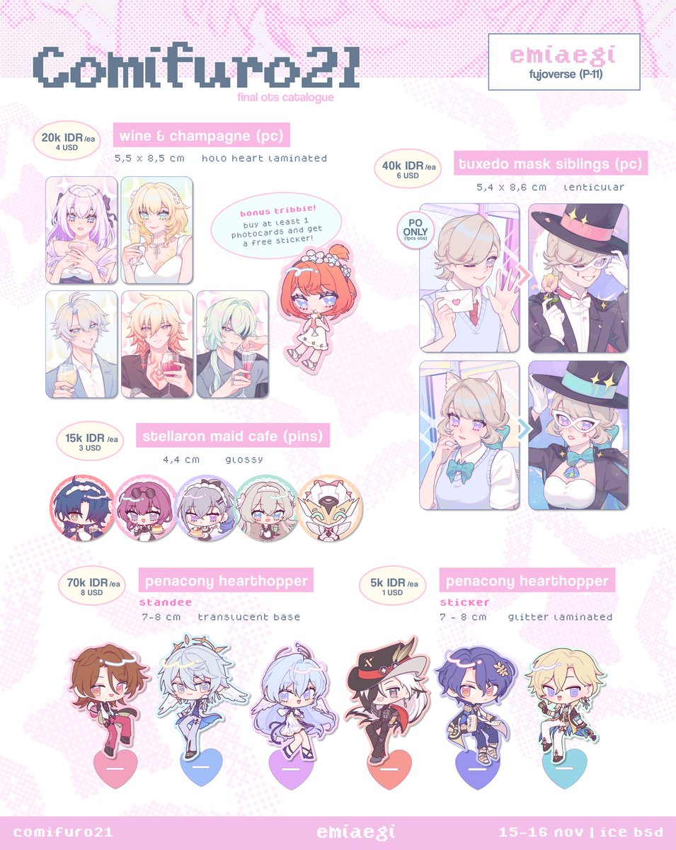 (💗&amp;🔁 are appreciated!)

helloo! here’s my final #cf21 catalogue!

📍 ice bsd
🎀 table P11 fujoverse
🗓️ 15-16 nov, 2025 (both days)
🍧 hsr, original, mha, genshin, haikyuu, ranma ½, stardew valley, phaidei, robinhill

see you there! 💗

(1/2)
#comifuro21 #comifuro21catalogue