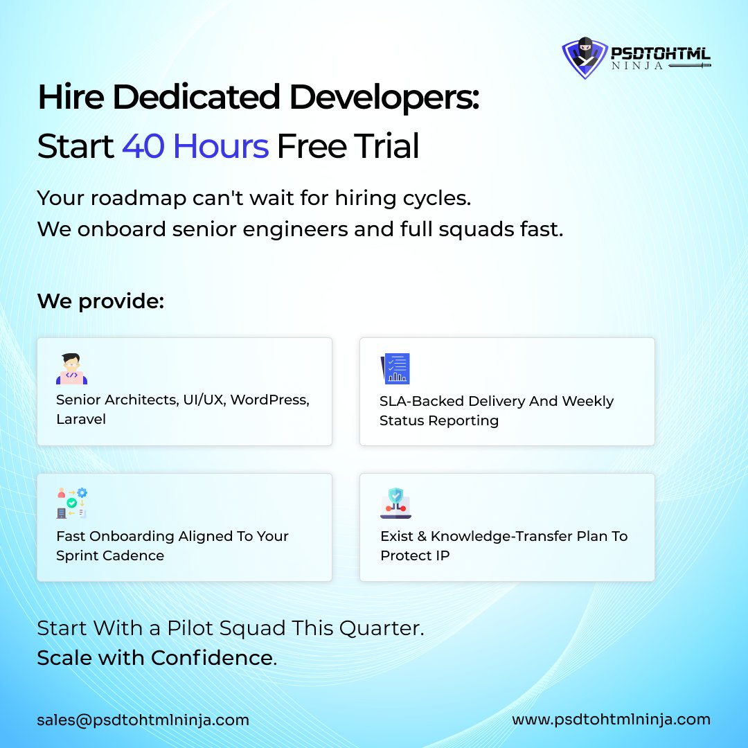 ninjapsdtohtml's tweet image. Roadmap delayed?
Get a 40-hour FREE trial and onboard top developers fast — WordPress, PHP, Shopify, Laravel, NodeJS, UI/UX &amp;amp; more.

SLA-backed + full IP protection.

Start your pilot: psdtohtmlninja.com/free-trial
📩 sales@psdtohtmlninja.com

#DedicatedTeam #RemoteDevelopers #HireDev