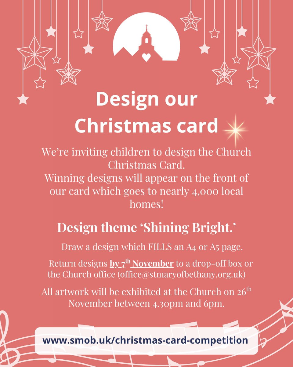We’re inviting children aged 4-11 to design the Christmas card and there's still time to enter your designs before the weekend!
🌟 Draw a design which FILLS an A4 or A5 page. 
🌟 Return designs by 7th November to a drop-off box or the Church office!