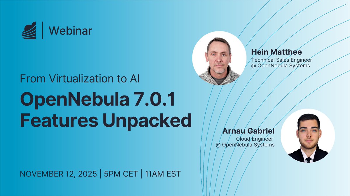 opennebula's tweet image. One week to go ⏳ Ready to explore the latest innovations in enterprise cloud, edge, and AI infrastructure? Join our upcoming webinar for an in-depth look at OpenNebula 7.0.1.

Register here: hubs.ly/Q03RMrfs0

#OpenNebula #newrelease #VMware #AI