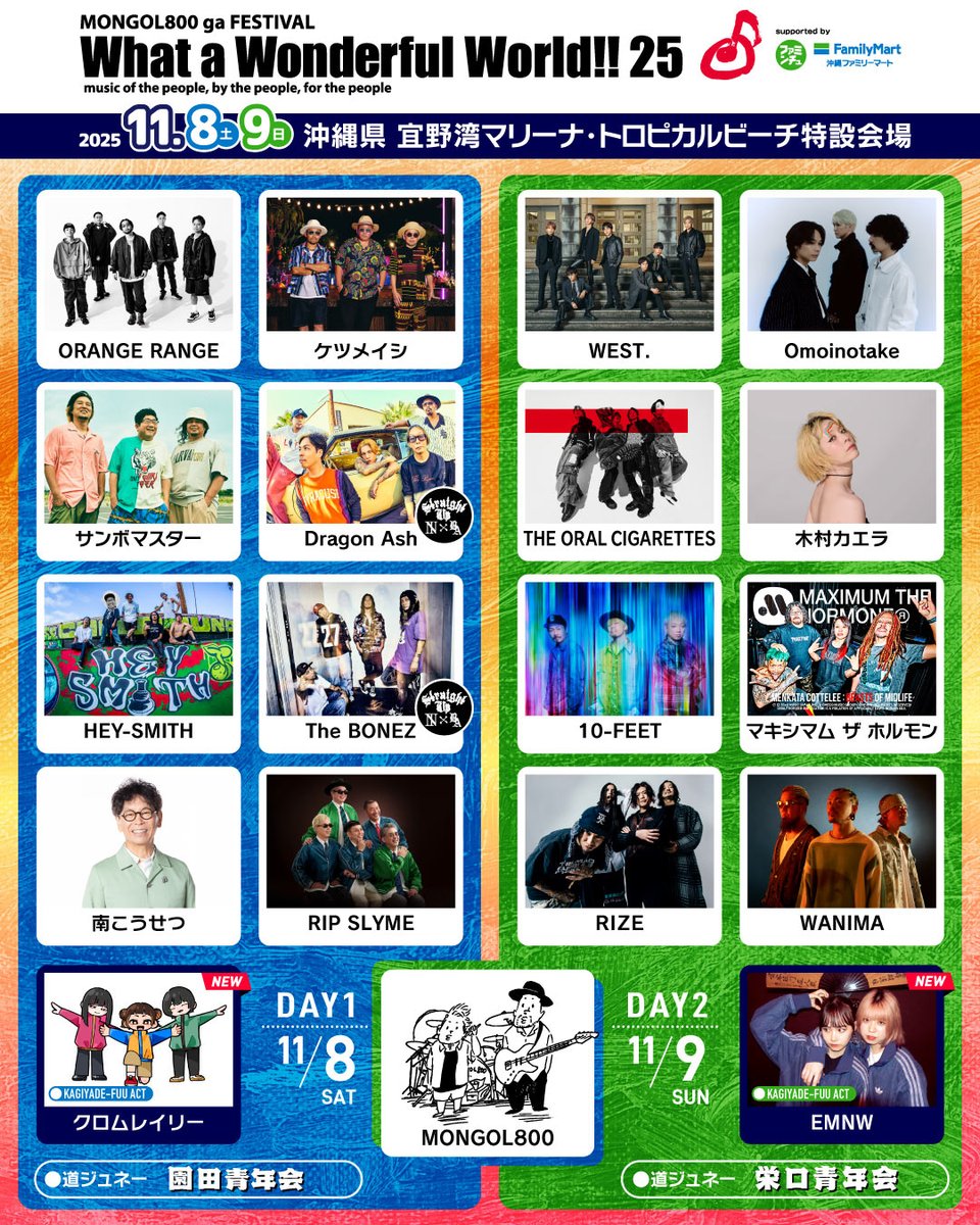 11/8,9 沖縄県 宜野湾マリーナ・トロピカルビーチ特設会場で行われる

”MONGOL800 ga FESTIVAL What a Wonderful World!! 25"にて

東北ライブハウス大作戦ブース出展が決定。

ご来場の際は是非お立ち寄りください❗️

詳しくはlivehouse-daisakusen.com

#モンパチフェス
#東北ライブハウス大作戦