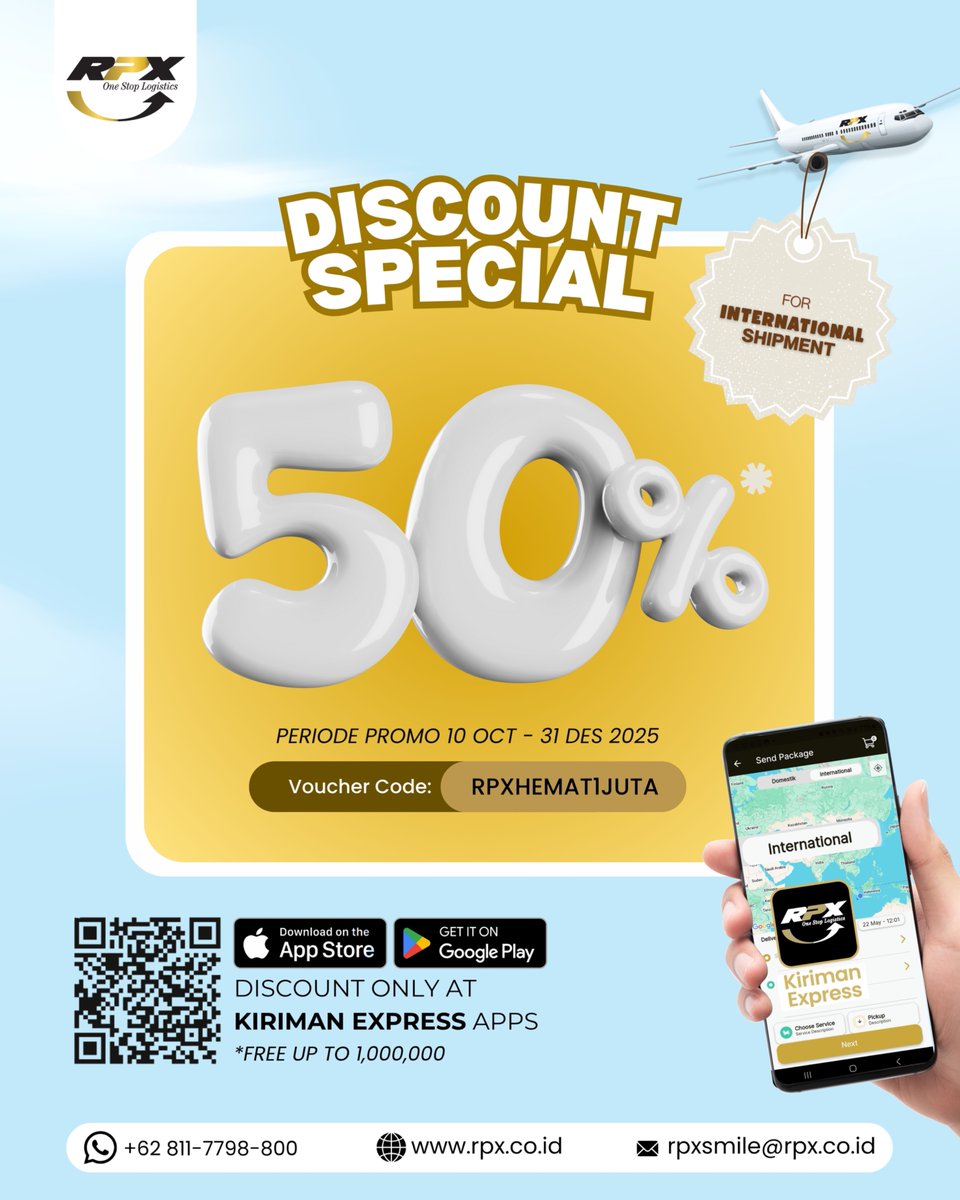 🚀 Kirim ke luar negeri sekarang makin hemat!🚀 

Dapatkan DISKON 50% untuk semua pengiriman internasional! 🌎✨
📦 Cukup pakai kode: RPXHEMAT1JUTA di aplikasi Kiriman Express 
💡 Promo berlaku sampai 31 Desember 2025
Yuk kirim sekarang — hematnya sampai 1 juta rupiah! 💸