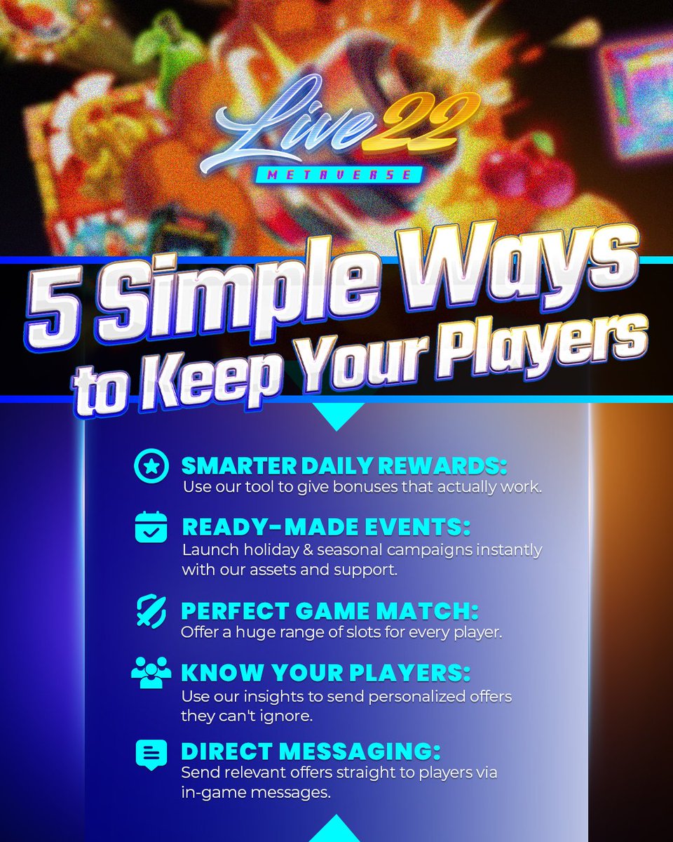 🚀 Retention is the new growth.
Boost profits and stability with Live22’s retention tools:
✅ Smart Rewards
✅ Quick Campaigns
✅ Diverse Volatility
✅ Data Personalization
✅ Real-Time Engagement
🎯 Turn players into loyal fans: live22.com
#Live22 #PlayerRetention