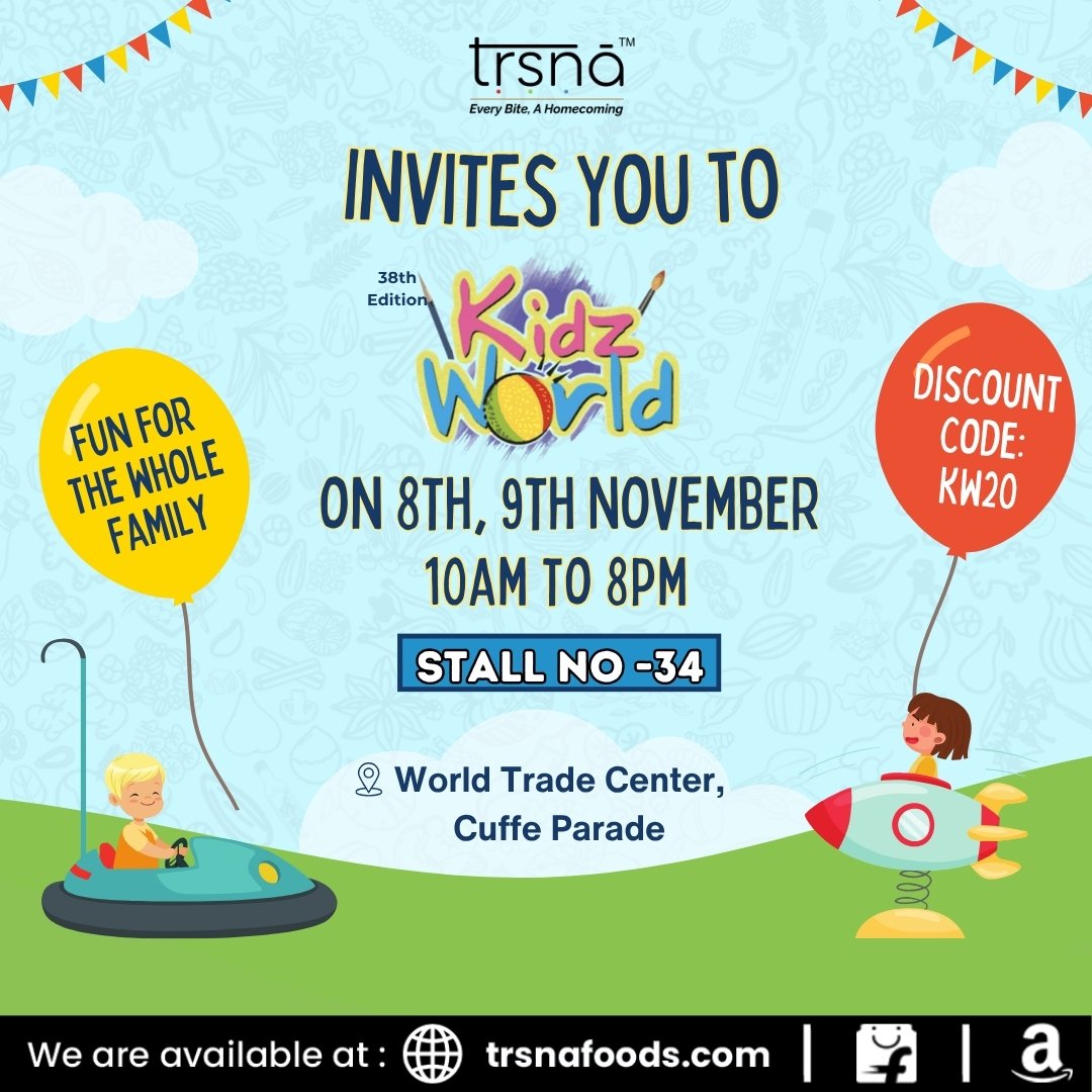 TrsnaF's tweet photo. 🌈 Trsna Foods at Kidz World! 🎪
Fun, flavour &amp; family smiles await 💛
📍 WTC, Cuffe Parade | 8–9 Nov | Stall 34
Use code KW20 for a treat! 😋
#TrsnaFoods #KidzWorldExpo #EveryBiteAHomecoming https://t.co/qhrClQwOx4