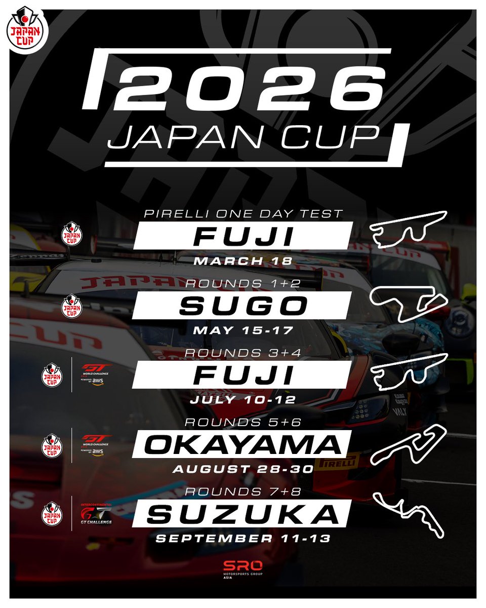 GTWorldChAsia's tweet image. 2026年も熱い戦いが待っている！🔥

#JapanCup は来年も4大会8レースで開催！

3月には再びシーズン開幕前のテストも💪

#GT3 #GT4 #GTC