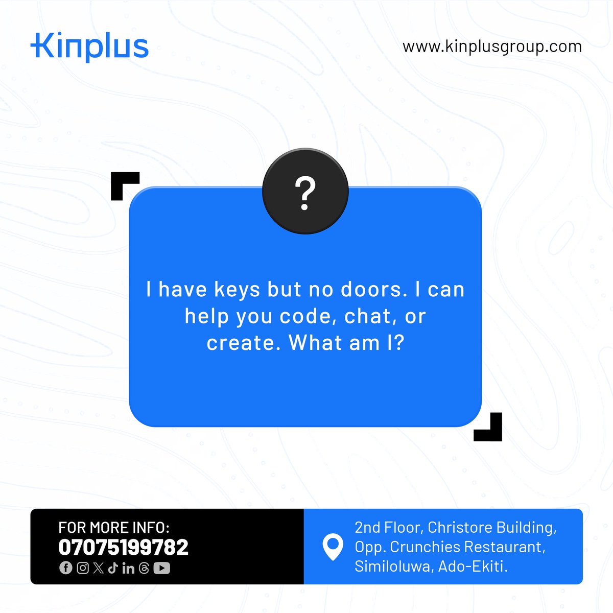 kinplustech's tweet image. KINPLUS RIDDLE TIME! 

I’ve got keys but open no gate,
I help you code, chat &amp;amp; innovate.
No locks, just pure AI flair 
Guess who I am if you dare! 
At Kinplus, we turn ideas into gold!
Drop your answer below 
#KinplusTech #AITech #RiddleChallenge #TechQuiz #DigitalTransformation