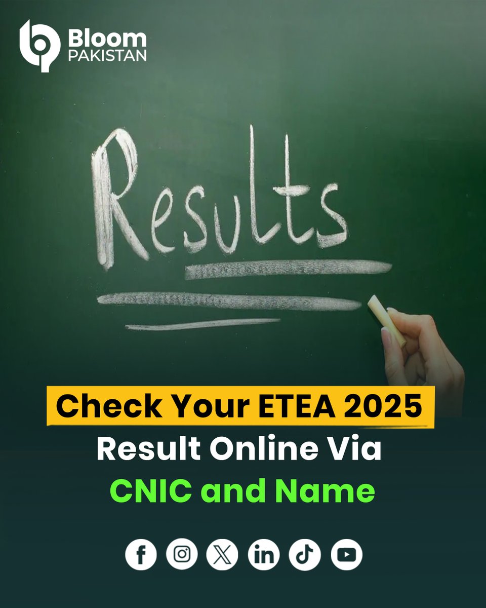 bloom_pakistan's tweet image. The ETEA Result 2025 is out!
Students can check their results online using CNIC or Name. 

Read More: bloompakistan.com/etea-result-20…

#ETEA #Result2025 #Education  #Pakistan