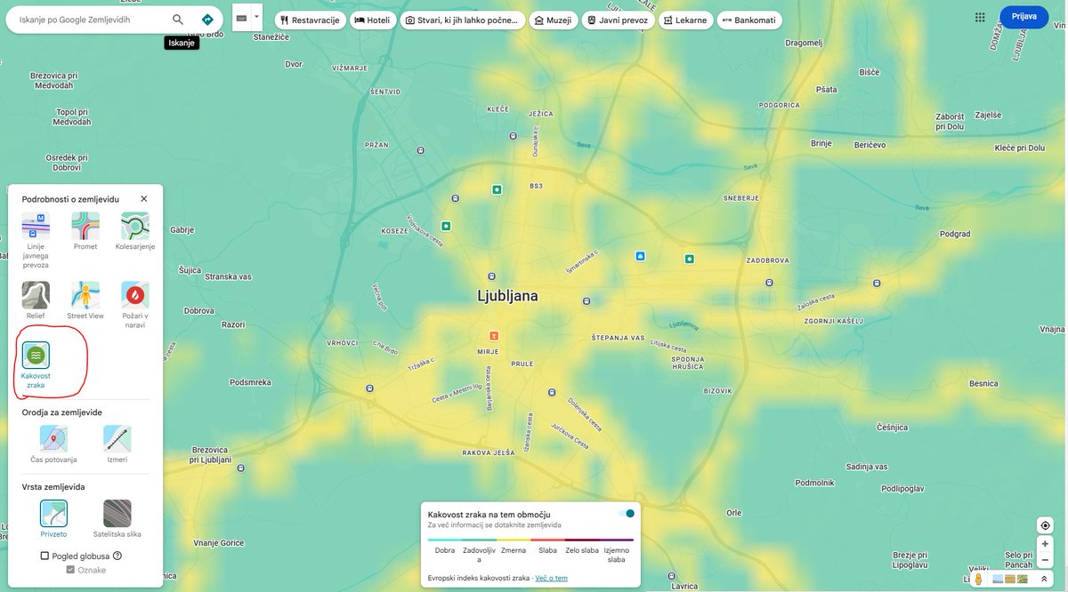 Google Maps omogoča spremljanje onesnaženosti zraka v Sloveniji (sloj »Kakovost zraka«): google.com/maps/