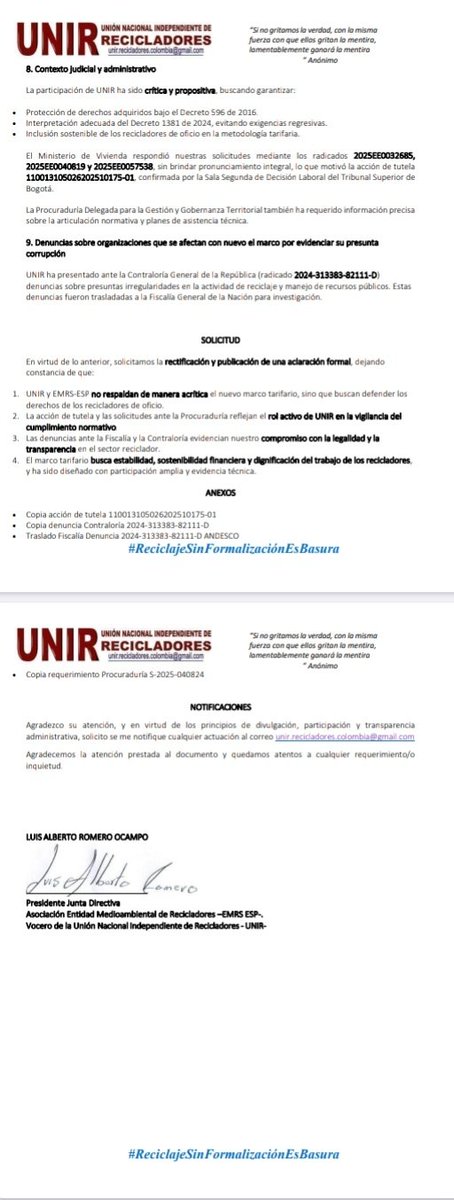 Desde <a href="/UNIR_reciclador/">UNIR.recicladores</a>, realizamos solicitud de rectificación y retractación a la <a href="/RevistaSemana/">Revista Semana</a> de 2 de sus artículos que contienen afirmaciones falsas, sesgadas y alarmistas que afectan a nuestra agremiación y la percepción 
del marco tarifario de aseo.👇