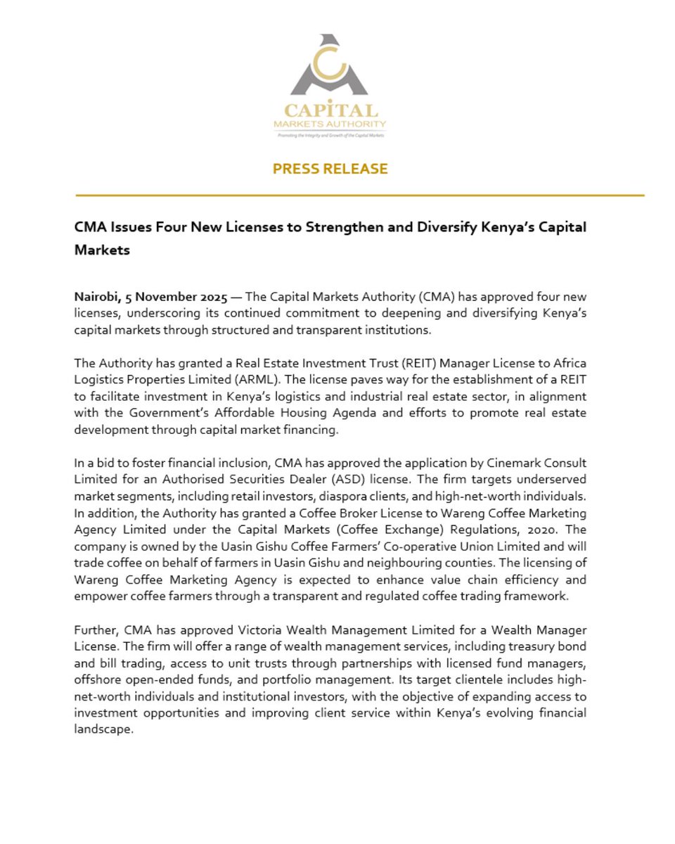 CMAKenya's tweet image. Deepening and diversifying Kenya&apos;s capital markets. 
#KenyaCapitalMarkets #MarketDevelopment #InvestmentOpportunities #KenyaFinance #CapitalMarketsAuthority