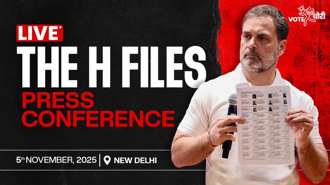 A man with gray hair and beard wearing a white shirt stands at a podium holding a microphone in one hand and sheets of paper in the other during a press conference. Red and black background with text overlays including LIVE THE H FILES PRESS CONFERENCE 5 NOVEMBER 2025 NEW DELHI and Hindi text. Logos of INC and Vote Chori visible.