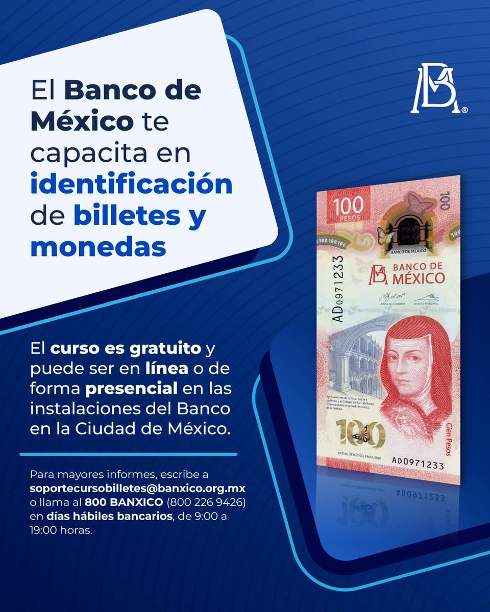 El #BancodeMéxico te capacita en materia de autenticación de billetes. El curso es gratuito y puede ser en línea o de forma presencial en las instalaciones del Banco en la Ciudad de México.⁣
⁣ facebook.com/share/p/1F9C6y…