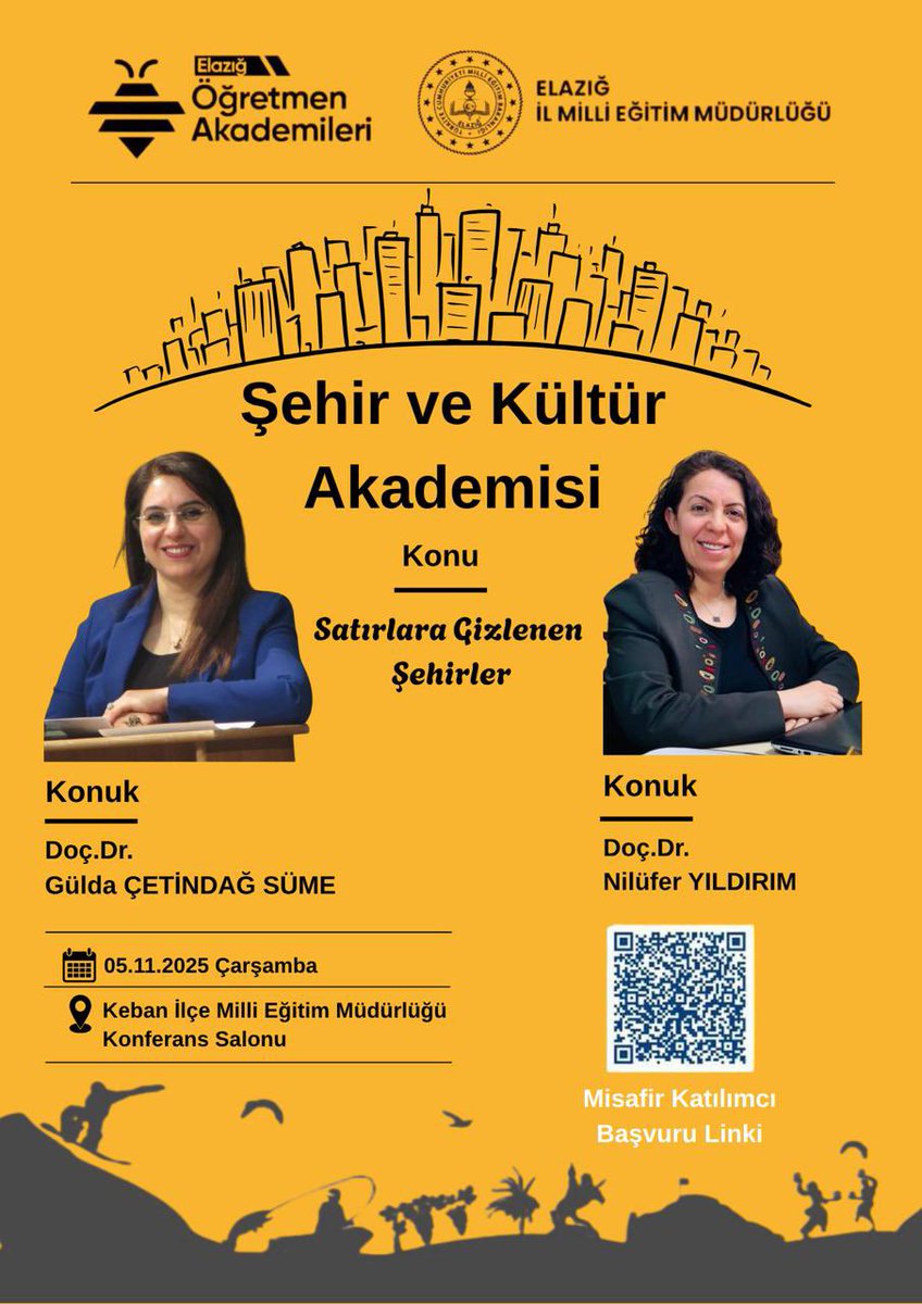 📌Elazığ Öğretmen Akademileri Programı 👩‍🏫👨‍🏫
📙Şehir ve Kültür Akademisinin bu akşamki konukları Doç. Dr. Gülda ÇETİNDAĞ SÜME ve Doç. Dr. Nilüfer YILDIRIM
"Satırlara Çizilen Şehirler" başlığıyla düzenlenecek olan program 🌃
🕗 19.00'da 
📍Keban İlçe Milli Eğitim  Müdürlüğü