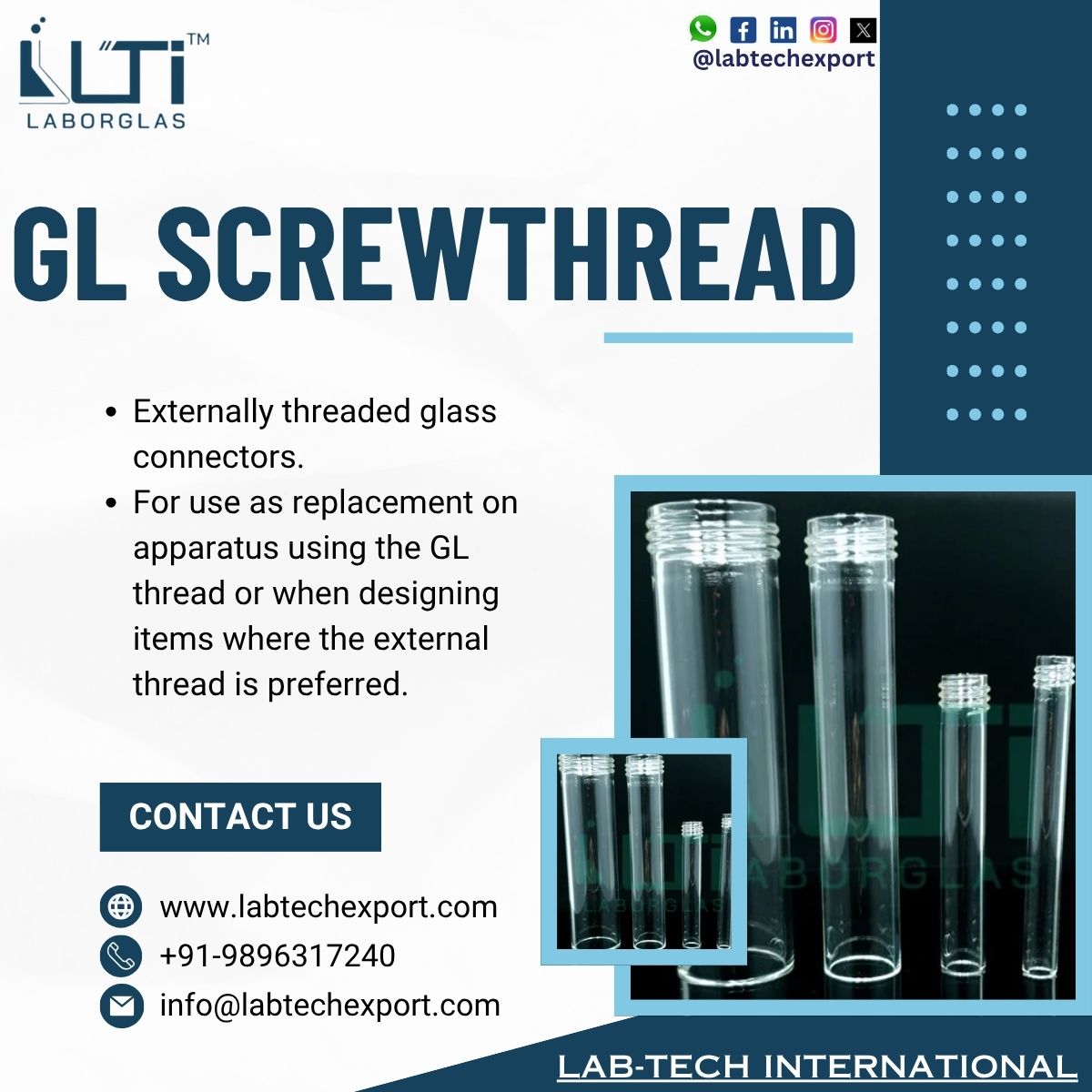 LABTECHEXPORT's tweet image. GL SCREWTHREAD

Product Link: labtechexport.com/product/1410-s…

Regards
Lab-Tech International
Contact us-
WhatsApp- + 098020 13010
Email: info@labtechexport.com
Website- labtechexport.com

LABORATORY GLASSWARE, LAB GLASSWARE, INTERCHANGEABLE JOINTS, BOROSILICATE, AMBALA, HARYANA