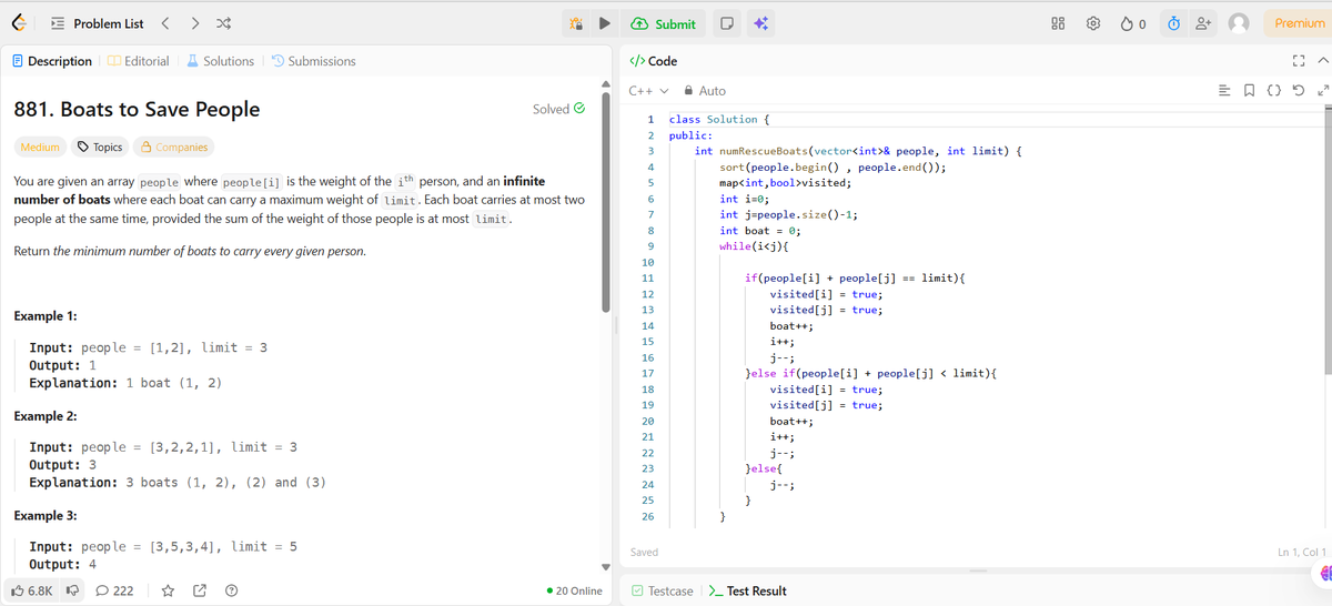GauravK0011's tweet photo. Today I solved LeetCode Problem #881 — Boats to Save People 🚤
Concepts Learned:
-Sort the list, then adjust pointers based on weight limits.
⚙️ Time Complexity: O(n log n) (sorting)
⚙️ Space Complexity: O(1)

#LeetCode #DSA #Cplusplus #100DaysOfCode #GreedyAlgorithms https://t.co/cwXvj1qCm7