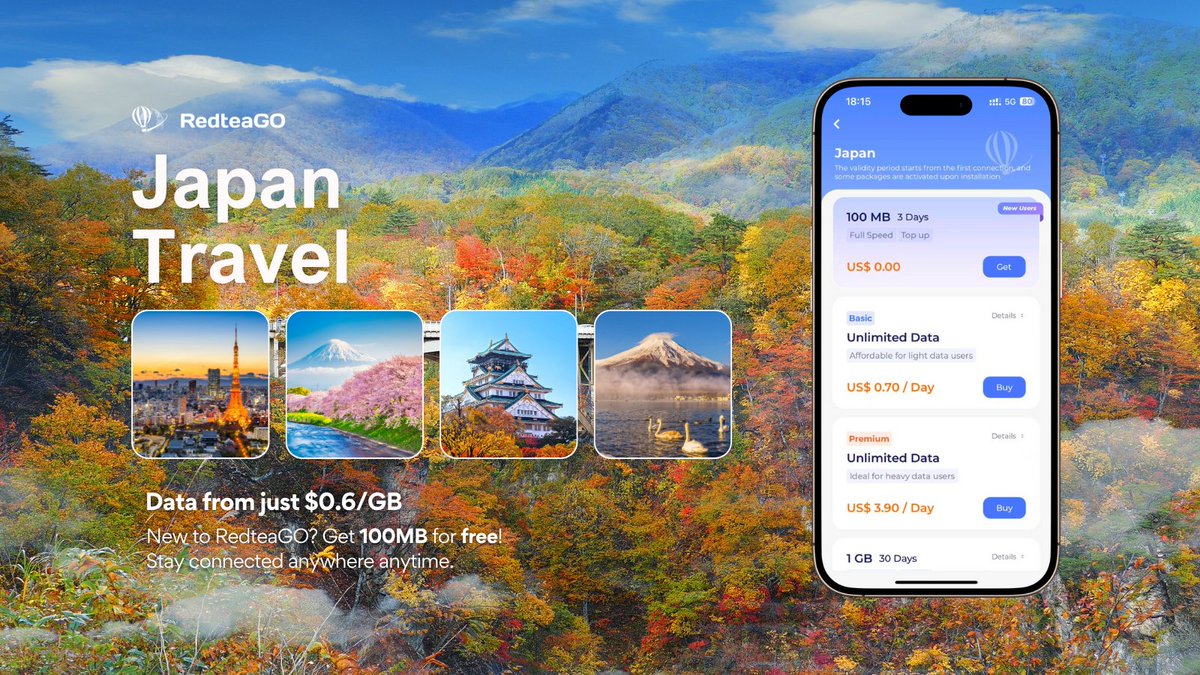 🇯🇵 5 must-visit spots in Japan this autumn

🗻 Mount Fuji (Lake Kawaguchiko)
🍂 Naruko Gorge (Miyagi)
🏯 Kyoto’s Temples
🌸 Nikko (Tochigi)
🏰 Osaka Castle Park

📶 Stay connected in Japan with RedteaGO eSIM. Japan plans from $0.6/GB, new users get 100MB free!

#RedteaGO #Japan