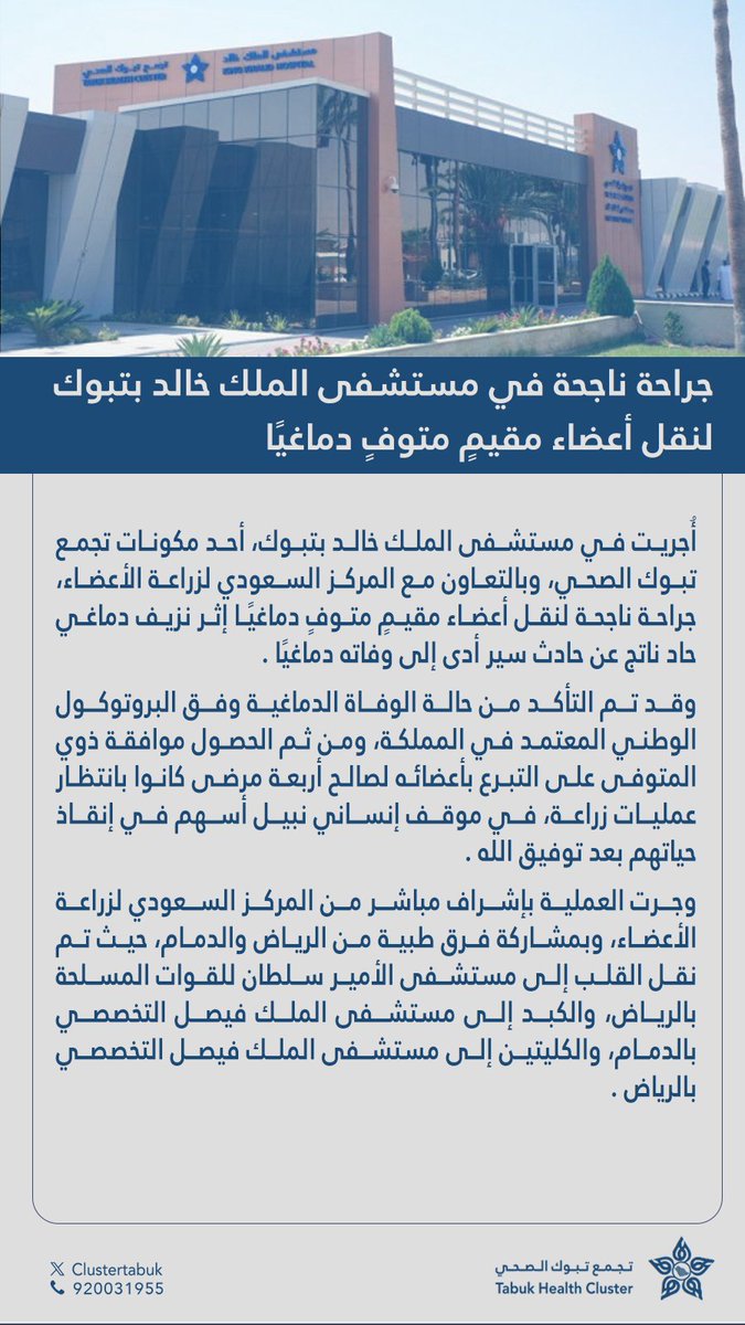 Clustertabuk's tweet photo. خبر | 📑 

#مستشفى_الملك_خالد_بتبوك بالتعاون مع #المركز_السعودي_لزراعة_الأعضاء يجري عملية ناجحة لنقل أعضاء مقيمٍ متوفى دماغيًا أسهمت في إنقاذ حياة 4 مرضى بعد موافقة ذويه على التبرع بأعضائه.
#تجمع_تبوك_الصحي https://t.co/alqbTB3wkt