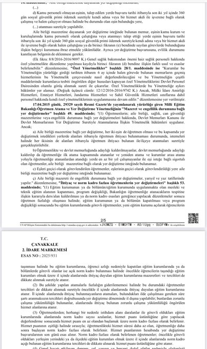 Scanned official Turkish court documents detailing legal decisions on teacher reassignments, including sections on family unity, distance considerations, and administrative placements, with text in Turkish script, signatures, dates like 2021, and court stamps from Canakkale Idare Mahkemesi.