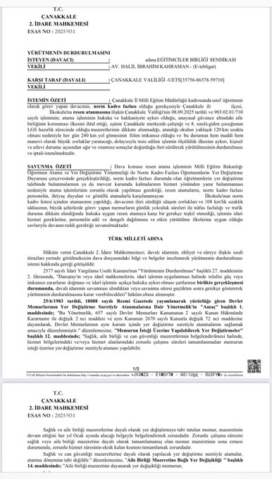 Scanned official Turkish court documents detailing legal decisions on teacher reassignments, including sections on family unity, distance considerations, and administrative placements, with text in Turkish script, signatures, dates like 2021, and court stamps from Canakkale Idare Mahkemesi.