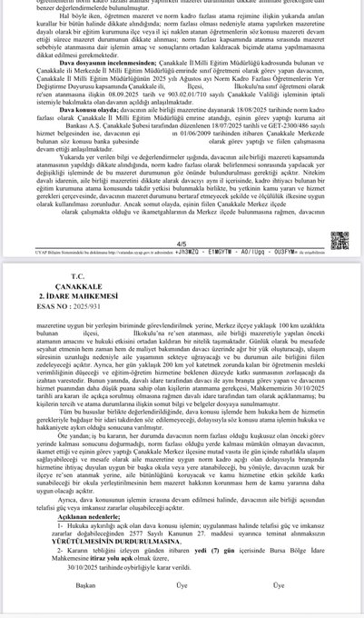 Scanned official Turkish court documents detailing legal decisions on teacher reassignments, including sections on family unity, distance considerations, and administrative placements, with text in Turkish script, signatures, dates like 2021, and court stamps from Canakkale Idare Mahkemesi.