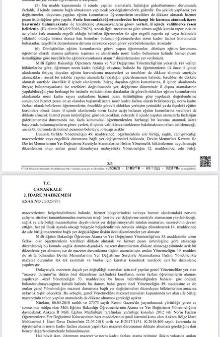 Scanned official Turkish court documents detailing legal decisions on teacher reassignments, including sections on family unity, distance considerations, and administrative placements, with text in Turkish script, signatures, dates like 2021, and court stamps from Canakkale Idare Mahkemesi.