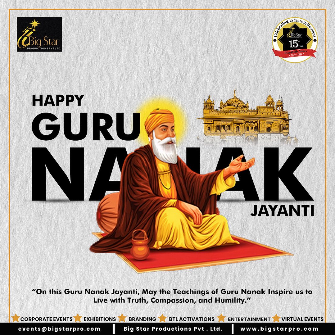 BigStar_Events's tweet photo. “Let’s celebrate the divine wisdom of Guru Nanak Dev Ji — the light of truth, compassion, and humility that continues to guide us.
Big Star Productions wishes everyone a blessed and peaceful Guru Nanak Jayanti! 🌟🙏”

#GuruNanakJayanti #GuruNanakDevJi #BigStarProductions https://t.co/a8bd33C7en