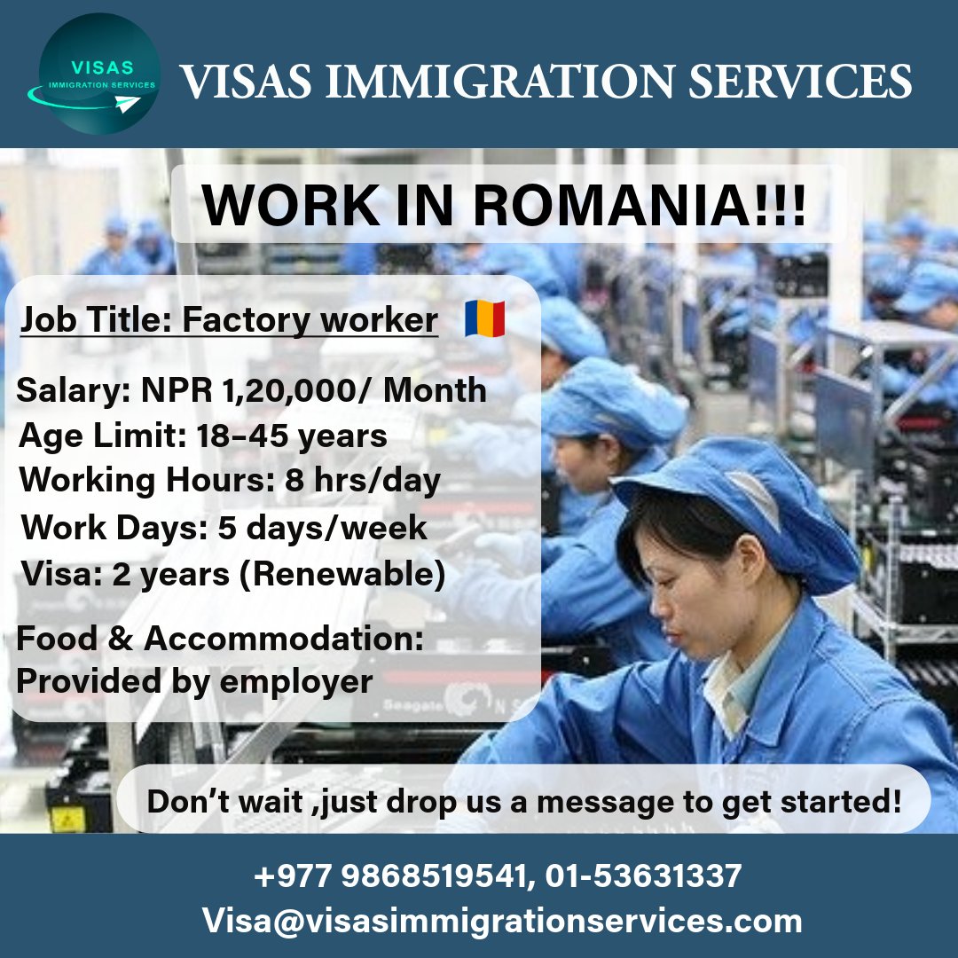 ServicesVisas's tweet image. Ready to work in Europe?
🇷🇴 Romania is hiring Factory Workers with great benefits
Your European dream starts here! 🌍 

#RomaniaWorkLife #FactoryWorker #RomaniaJobs #OverseasLife #HardWorkPaysOff #WorkingAbroad #Romania #FactoryLife #WorkAndDream #MigrantWorker #LifeInRomania