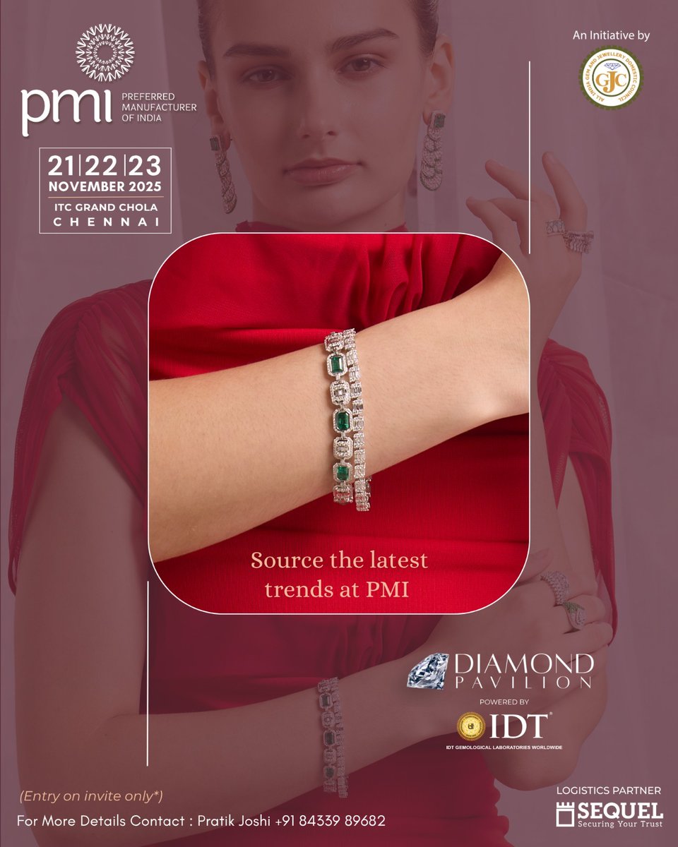 Explore exquisite creations at the Diamond Pavilion, powered by IDT, showcasing stunning Diamond Jewellery at PMI Chennai – where trends meet timeless elegance.

📍 ITC Grand Chola, Chennai
🗓️ 21st – 23rd November 2025

For details: Pratik Joshi – +91 84339 89682
Entry by Invite