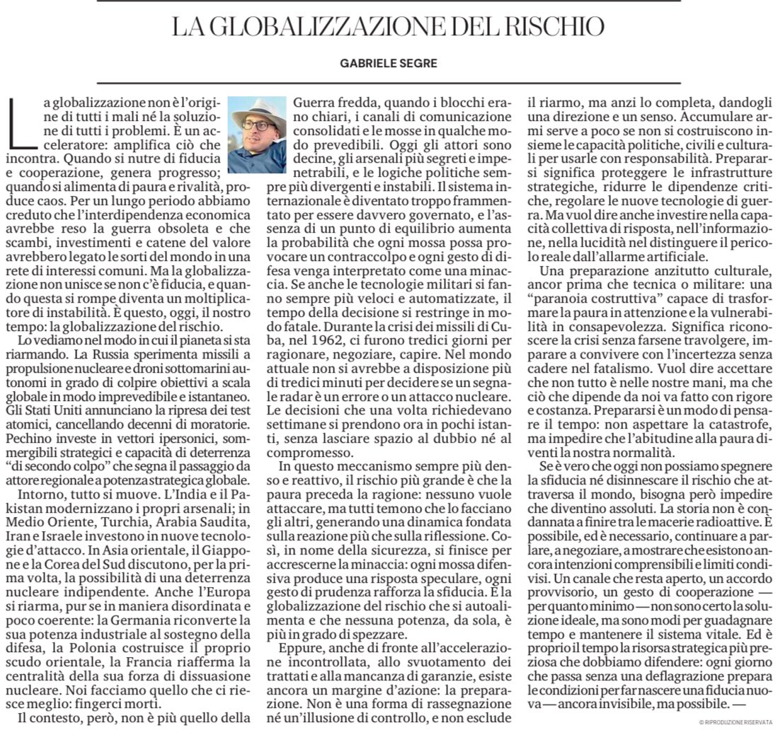 The #globalization of #risk is proof that #interdependence, without #trust, turns into #instability. I write on this in my piece published this morning on <a href="/LaStampa/">La Stampa</a>.