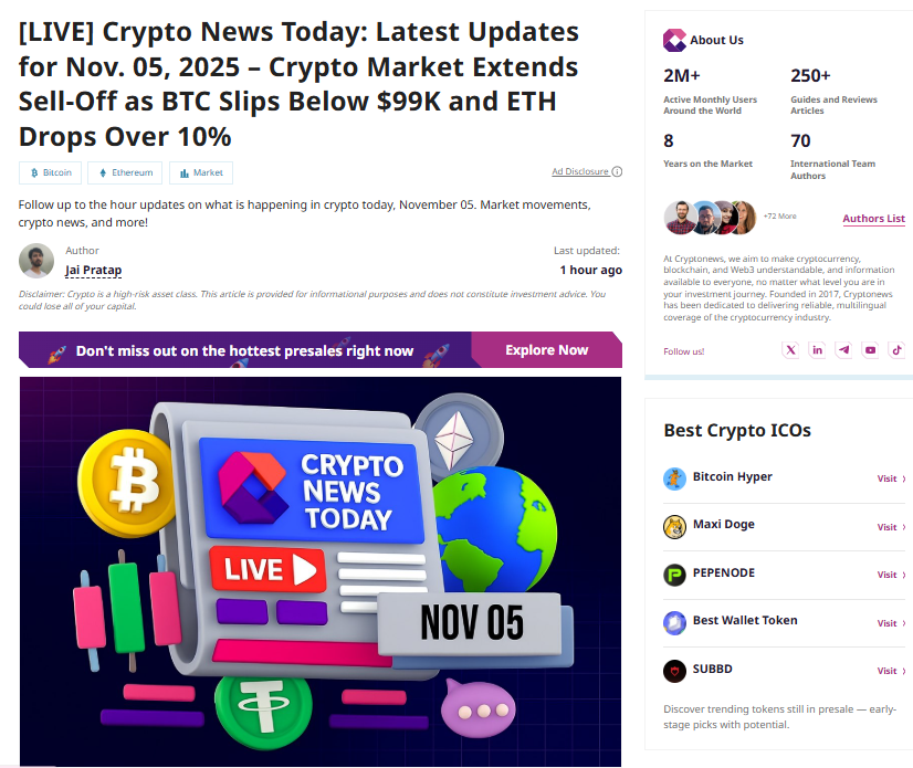 web3_future_'s tweet image. [LIVE] Crypto News Today: Latest Updates for Nov. 05, 2025 – Crypto Market Extends Sell-Off as BTC Slips Below $99K and ETH Drops Over 10%

The crypto market has fallen for a third consecutive day, with broad declines across major sectors. 

#Bitcoin #BTC #Web3Future #pdpd #PDPD