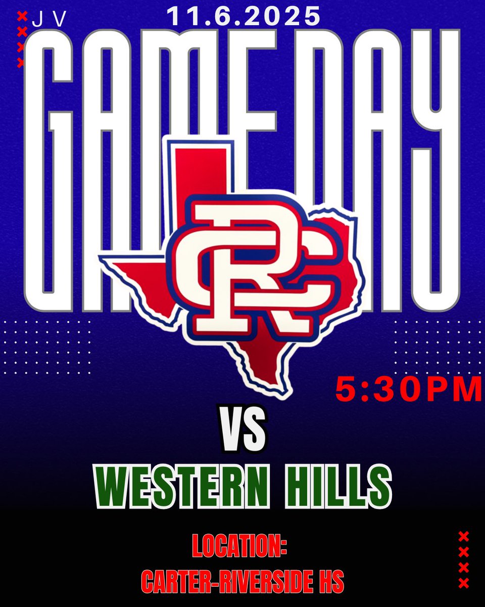 JV•GAMEDAY•ANNOUNCEMENT 
🆚Western Hills
⏰5:30 PM
🏟️CRHS
<a href="/CRiversideHS/">Amon Carter-Riverside High School</a> 
Let’s Go Carter!