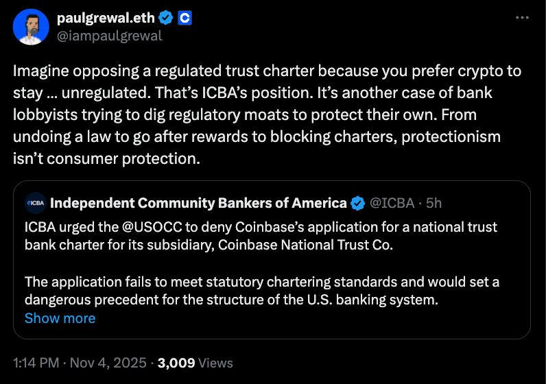 Web3_Eleanor_'s tweet photo. ⚡️ LATEST: Coinbase exec criticizes banking industry's pushback against its national trust charter application.

Is this consumer protection or protectionism? https://t.co/Oh3FmEi7Tn